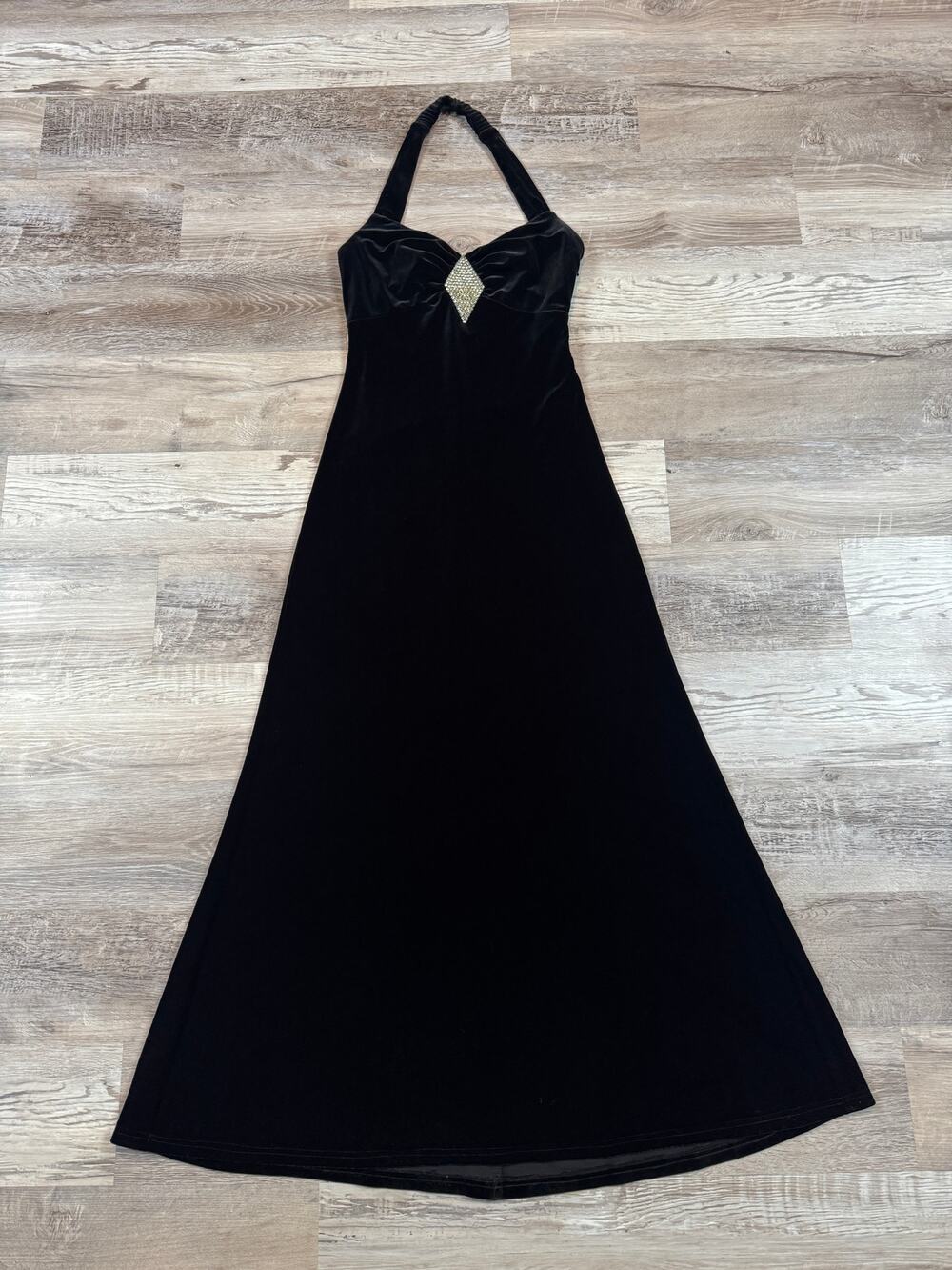 Vintage 90s Y2K Betsy & Adam Black Velvet Halter Maxi Dress Rhinestone Goth 4